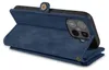 A blue wallet-style phone case is shown from the back, with the phone inserted and the case folded open. Produktbild-Vorschau
