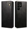 A black leather flip wallet phone case for a Samsung Galaxy S25 Ultra is shown from two angles. Produktbild-Vorschau