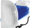 A white corner bathtub with a drain and overflow set, set against a blue abstract background. Produktbild-Vorschau