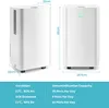 Two views of a white dehumidifier with dimensions and dehumidification capacity information. Produktbild-Vorschau