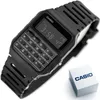 A black Casio calculator watch is shown on a white background, with its original box next to it. Produktbild-Vorschau