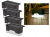 A collage of solar-powered garden lights, with a set of four lights on the left and one light installed on a wooden fence post on the right. Podgląd zdjęcia produktu