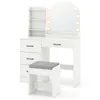 A white vanity table with a mirror and lights, and a matching stool. Voir les images du produit