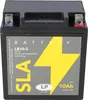 A black battery with yellow lightning bolt graphic and product information. Voir les images du produit