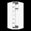 A 3D rendering of an open corner wardrobe with shelves and a hanging rail. Voir les images du produit