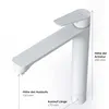 A white bathroom faucet with dimensions indicated by text and lines. Produktbild-Vorschau