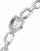 A close-up, angled shot of a silver Guess watch with a chain bracelet and a G-shaped face adorned with rhinestones. Produktbild-Vorschau