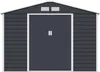 A front view of a dark gray garden shed with a large double door and two vents at the top. Náhled obrázku produktu
