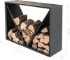 A black metal firewood rack filled with logs, with dimensions indicated by white text and lines. Produktbild-Vorschau