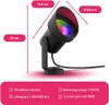 A black outdoor spotlight with colored light emanating from it, with dimensions and features listed. Produktbild-Vorschau