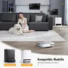 A woman and her dog are relaxing on a couch in a modern living room, with a robot vacuum cleaner and its charging station visible. Produktbild-Vorschau