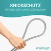 A hand holding a flexible hose, with text overlay promoting "Knickschutz" (anti-kink protection) for a long lifespan. Podgląd zdjęcia produktu