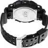Close-up of the back of a black G-Shock watch, showing the metal case back with certification marks and the black resin strap with a silver buckle. Produktbild-Vorschau