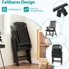 A black folding garden chair is shown in various states and close-ups, with text highlighting its features. Voir les images du produit