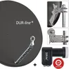 A collage of images showing a satellite dish, mounting hardware, and an LNB. Produktbild-Vorschau