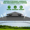 A close-up view of a gray gazebo roof with arrows indicating airflow, set against a sky and a distant green forest. Voir les images du produit