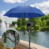 A camera on a tripod under a blue umbrella, with a lake and trees in the background. Produktbild-Vorschau