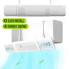 A marketing image showing an air conditioner deflector attached to an air conditioner unit, with blue airflow graphics and green leaf-like shapes indicating air movement. Podgląd zdjęcia produktu