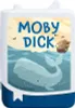 A white toy figure with a label depicting a scene from Moby Dick, including a whale, a ship, and the title. Produktbild-Vorschau