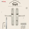 A product image showcasing a pair of door handles and their accessories against a light, textured background with decorative elements. Produktbild-Vorschau