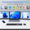 A laptop with two external monitors, a keyboard, a mouse, and a smartphone arranged on a desk. Produktbild-Vorschau