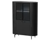 A black vitrine cabinet with glass doors and gold handles, standing on thin gold legs. Produktbild-Vorschau