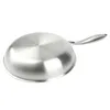 The underside of a stainless steel frying pan with a handle is shown against a white background. Podgląd zdjęcia produktu