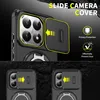 Close-up of a phone case with a sliding camera cover and a ring stand, with marketing text and icons. Voir les images du produit