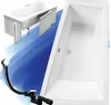 A collage of images showing a bathtub, its components, and a drain assembly, set against a blue watercolor-like background. Produktbild-Vorschau