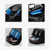 A collage of four close-up images showing different features of a black and blue massage chair. Voir les images du produit