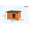 A wooden dog house with dimensions indicated by arrows and labels. Náhľad obrázku produktu