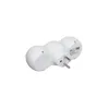 A white electrical adapter with two outlets and two USB ports, shown from a side-angle. Produktbild-Vorschau
