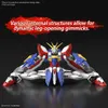 A model of a Gundam robot in a dynamic pose with text describing its features. Produktbild-Vorschau