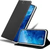 A black flip case for a smartphone is shown open, revealing the phone's screen. Náhled obrázku produktu