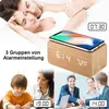 Collage showing a couple sleeping, a digital alarm clock with a phone on top, a child doing homework, and business people shaking hands. Produktbild-Vorschau