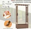 A wooden planter with a trellis archway, set against a blurred forest background, with various feature callouts. Produktbild-Vorschau
