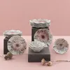 A collection of ceramic plates and bowls with a floral-like pattern, arranged on a pink surface with dried flowers. Produktbild-Vorschau
