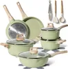 A collection of green cookware with wooden handles and kitchen utensils arranged on a white background. Náhled obrázku produktu