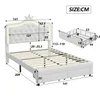 A diagram showing the dimensions of a white bed frame with a crown headboard and LED lighting, along with a separate diagram of a drawer. Produktbild-Vorschau