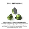 Three green coffee capsules are shown on a white background, with text above and below them. Produktbild-Vorschau