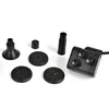 A collection of black plastic accessories for a solar-powered fountain pump, including different nozzle attachments and a pump unit with suction cups, arranged on a white background. Podgląd zdjęcia produktu
