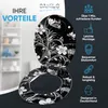 A toilet seat with a floral and butterfly design is shown open, with text and icons highlighting product benefits. Náhled obrázku produktu