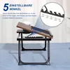 A laptop table is shown on a bed, with text and a diagram highlighting its adjustable features. Produktbild-Vorschau