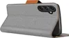 A close-up, angled view of a grey flip case for a smartphone, showing the camera array on the back of the phone within the case. Produktbild-Vorschau