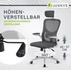 A marketing image for a Juskys office chair, highlighting its adjustable height and 360-degree swivel. Podgląd zdjęcia produktu