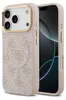 A close-up side view of a beige iPhone case with a repeating Guess logo pattern and a gold trim around the camera cutout. The phone screen is visible inside the case. Anteprima dell’immagine prodotto