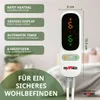 A close-up of a heating controller with descriptive text boxes on the left and a blurred background. Produktbild-Vorschau