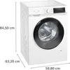 A white Siemens washing machine with a black door is shown with dimensions indicated by lines and text. Produktbild-Vorschau
