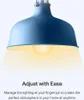 A close-up of a blue pendant light fixture with a warm yellow light emanating from it, set against a light gray background. Text below describes the ease of adjusting the lighting. Podgląd zdjęcia produktu