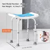 A white and blue shower stool with adjustable legs is shown against a light gray, textured wall. Podgląd zdjęcia produktu